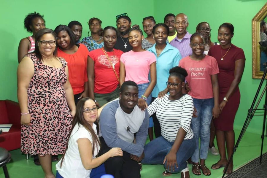Visionary of VLF N. E. Francis Cotton and Coordinator of Y2X' Media Ministries, Roy Cotton Jr. with past and current members of the Y2X Crew, guest, Ken Crosselly, and their parents after their  interview on their show Fresh- www.tunescarib.com.