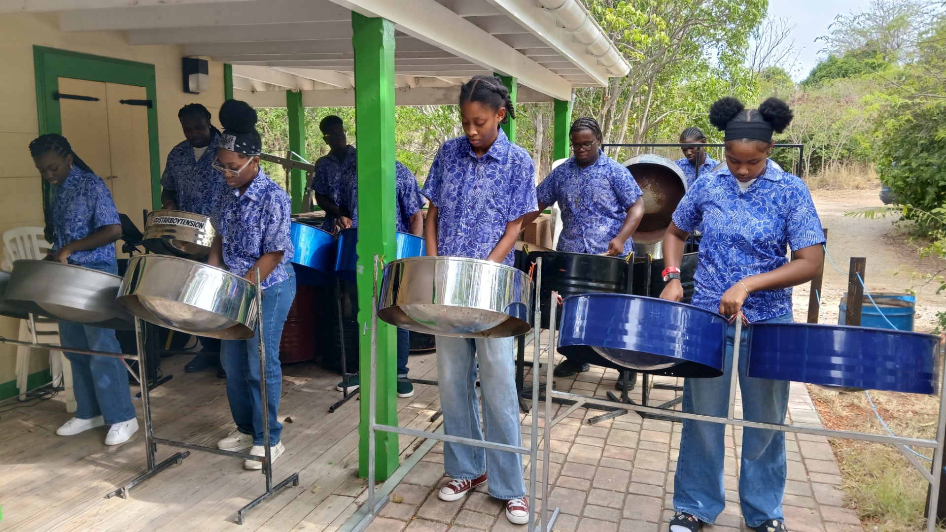 Dow's Steel Pan Orchestra performing outdoors